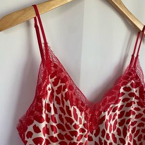 Victoria's Secret Red & White Lip Print Lace Edged Adjustable Slip Dress